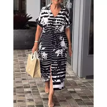 Женское летнее длинное повседневное платье с V-образным вырезом, поясом и разрезом по подолу, с короткими рукавами и растительным принтом 4XL чёрный