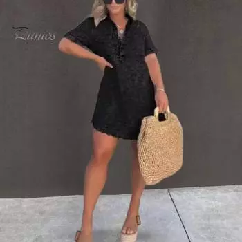 Женское летнее джинсовое платье с отворотом, V-образным вырезом, рваным подолом, короткими рукавами, трапециевидной формы выше колена, нагрудный карман, свободное однотонное мини-платье для поездок на работу M светло-синий