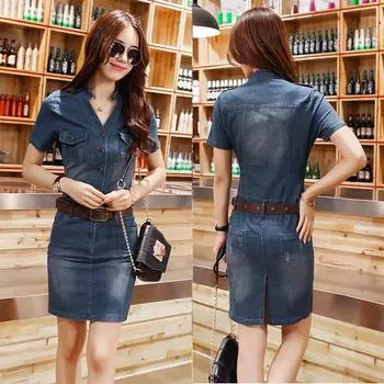 Женское летнее джинсовое платье высокого качества с v-образным вырезом, джинсовое платье, элегантное повседневное ковбойское платье, винтажное платье длиной до колена XXL синий