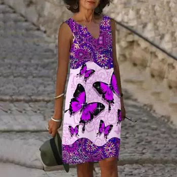 Женское летнее фиолетовое блестящее платье с v-образным вырезом и бабочкой, повседневное модное платье без рукавов, повседневное свободное сексуальное платье размера плюс XS-8XL XS фиолетовый
