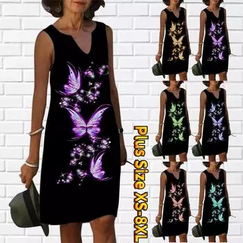 Женское летнее фиолетовое блестящее платье с v-образным вырезом и бабочкой, повседневное модное платье без рукавов, повседневное свободное сексуальное платье размера плюс XS-8XL XS золотой