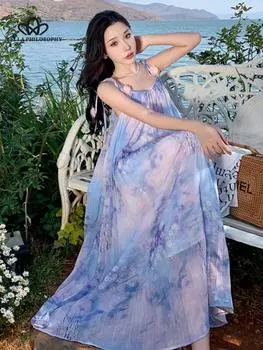 Женское летнее фиолетовое платье феи, винтажное синее платье с оборками, праздничное пляжное платье на тонких бретелях, корейское элегантное вечернее платье S синий