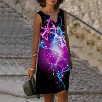 Женское летнее фиолетовое платье с v-образным вырезом и принтом бабочки, повседневное модное платье без рукавов, повседневные свободные сексуальные платья размера плюс XS-8XL XS фиолетовый