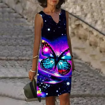 Женское летнее фиолетовое платье с v-образным вырезом и принтом бабочки, повседневное модное платье без рукавов, повседневное свободное сексуальное платье размера плюс XS-8XL XS фиолетовый