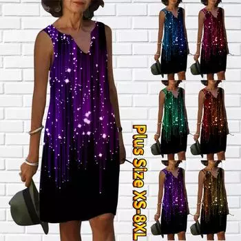 Женское летнее фиолетовое платье с v-образным вырезом и блестками, повседневное платье без рукавов, модное повседневное свободное сексуальное платье размера плюс XS-8XL 3XL синий
