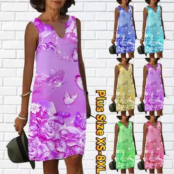 Женское летнее фиолетовое платье с v-образным вырезом и принтом светящихся бабочек, повседневное модное платье без рукавов, повседневные свободные сексуальные платья XS синий