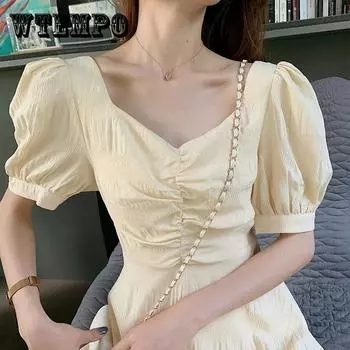 Женское летнее французское элегантное и милое тонкое платье с короткими рукавами и открытой спиной XL