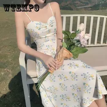 Женское летнее французское элегантное нежное длинное платье Little Fresh Fairy с подтяжками и принтом XL