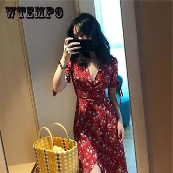 Женское летнее французское элегантное платье с запахом, тонкое платье с v-образным вырезом и завязкой на талии, цельное платье средней длины с цветочным принтом XXL