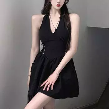 Женское летнее французское сексуальное платье-халтер Spice Girls, утягивающее талию, без рукавов, короткое платье А-силуэта S чёрный