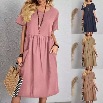 Женское летнее хлопково-льняное платье с круглым вырезом и рукавами реглан, карманами и складками, свободного покроя, однотонное женское платье длиной до колена XXL розовый