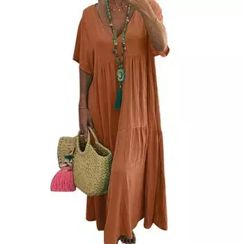Женское летнее хлопково-льняное платье макси, однотонное, с коротким рукавом, с V-образным вырезом, свободные длинные платья больших размеров S