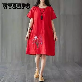 Женское летнее хлопковое конопляное свободное платье большого размера с вышивкой, однотонное повседневное платье средней длины с короткими рукавами XXXXXL