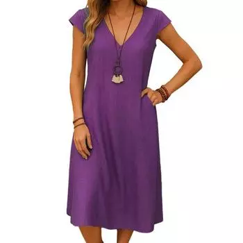 Женское летнее хлопковое льняное платье миди с V-образным вырезом, короткими рукавами и карманами, повседневный пляжный сарафан А-силуэта S