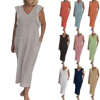 Женское летнее хлопковое льняное платье с лямками на спине и рукавами-крылышками L бежевый