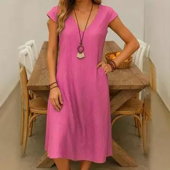 Женское летнее хлопковое льняное платье миди с V-образным вырезом, короткими рукавами и карманами, повседневный пляжный сарафан А-силуэта S розы красного