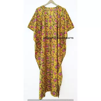 Женское летнее хлопковое платье с розами и желтым длинным этническим платьем-кафтаном макси в этническом стиле CKFTN-SCRN-FULL-BUYIT-079