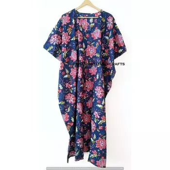 Женское летнее хлопковое платье в стиле хиппи с цветочным принтом, синее длинное платье для сна макси, кафтан CKFTN-SCRN-FULL-BUYIT-081