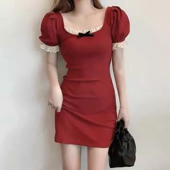 Женское летнее хлопковое плотное сексуальное платье на бедрах в Корейском стиле с квадратным воротником и кружевным винтажным платьем красного цвета M чёрный