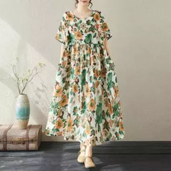Женское летнее художественное платье из хлопка и льна в деревенском стиле с короткими рукавами и принтом больших размеров one size зелёный