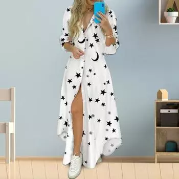 Женское летнее классическое платье-рубашка с длинными рукавами, однобортное платье трапециевидной формы с принтом, свободное подол с разрезом на пуговицах и отложным воротником, повседневное платье макси M белый