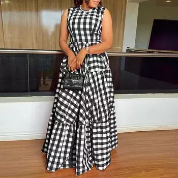 Женское летнее клетчатое длинное платье трапециевидной формы большого размера с круглым вырезом и талией без рукавов 4XL красный
