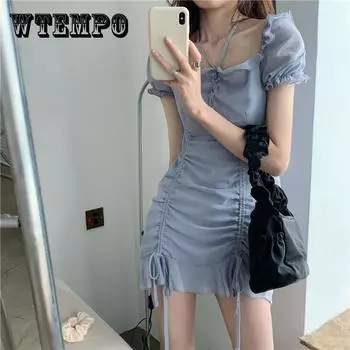 Женское летнее корейское платье с длинными рюшами на шнуровке и одним вырезом с открытыми плечами, тонкое платье с пузырьковыми рукавами XL