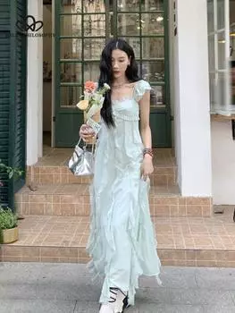 Женское летнее корейское сказочное праздничное пляжное длинное платье с оборками, Vestidos, винтажное французское элегантное вечернее женское платье S зелёный