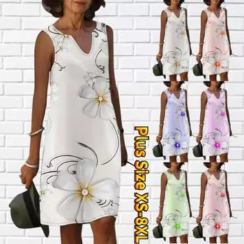 Женское летнее красивое белое платье с v-образным вырезом и принтом гардении, повседневное модное платье без рукавов, повседневные свободные сексуальные платья размера плюс XS-8XL XS белый