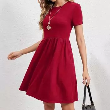 Женское летнее красное платье с коротким рукавом и эластичной талией 2025 года, трикотажное платье с круглым вырезом и коротким рукавом для женщин S красный