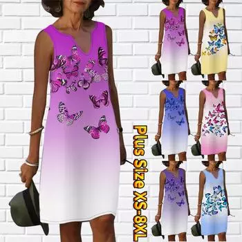 Женское летнее красочное платье с v-образным вырезом и принтом бабочки, повседневное модное платье без рукавов, повседневное свободное сексуальное платье размера плюс XS-8XL XS фиолетовый