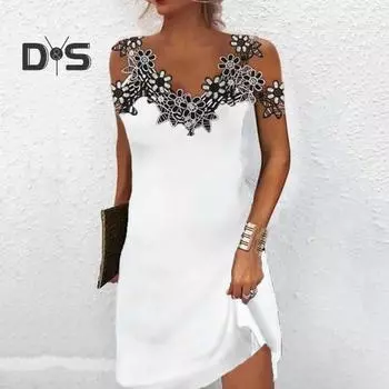 Женское летнее кружевное мини-платье на бретельках с v-образным вырезом и открытыми плечами без рукавов, облегающее короткое платье, уличная одежда L белый