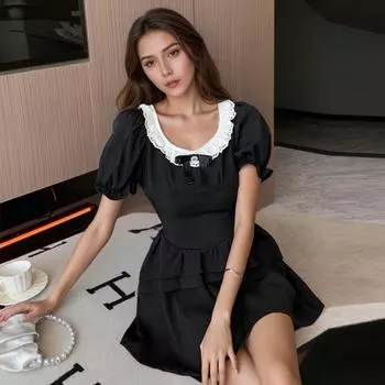 Женское летнее кружевное платье в стиле пэчворк с квадратным вырезом и пышными рукавами M чёрный