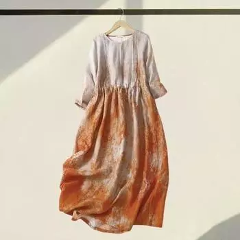 Женское летнее льняное платье больших размеров, повседневное платье-миди с цветочным принтом и круглым вырезом, рукавом 3/4, свободное струящееся пляжное платье-сарафан M синий