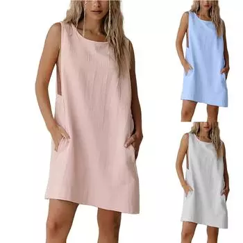 Женское летнее льняное платье с круглым вырезом и боковыми разрезами, без рукавов, платья-жилетки L синий