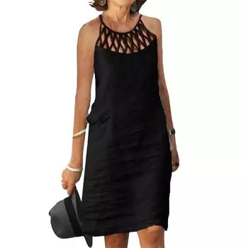 Женское летнее льняное платье свободного кроя, многоярусное, миди, без рукавов, майка, сарафан L чёрный