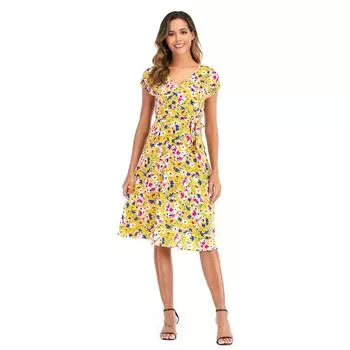 Женское летнее маленькое пляжное платье с v-образным вырезом и коротким рукавом на шнуровке с цветочным принтом, S-XL S жёлтый