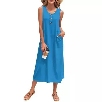Женское летнее макси-платье без рукавов на пуговицах, повседневное свободное длинное пляжное платье-сарафан для путешествий и отпуска L синий