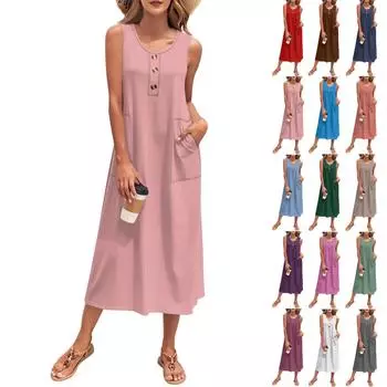 Женское летнее макси-платье без рукавов на пуговицах, повседневное свободное длинное пляжное платье-сарафан для путешествий и отпуска L кофейный