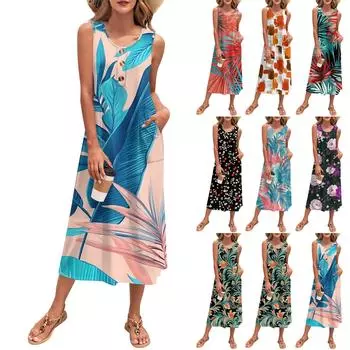 Женское летнее макси-платье без рукавов на пуговицах, повседневное свободное длинное пляжное платье-сарафан для путешествий и отпуска XXL