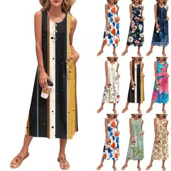 Женское летнее макси-платье без рукавов на пуговицах, повседневное свободное длинное пляжное платье-сарафан для путешествий и отпуска M синий