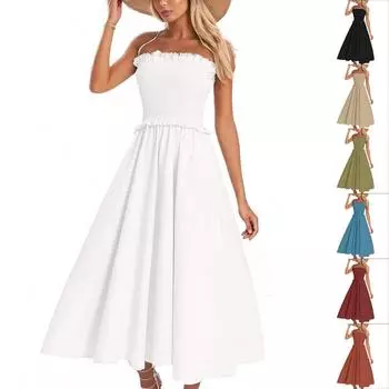 Женское летнее макси-платье без рукавов, сарафан из хлопка с подтяжками, пляжное платье с оборками L армия зеленый