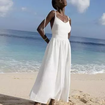Женское летнее макси-платье, повседневное, без рукавов, на тонких бретельках, присборенное, многоуровневое, длинное пляжное платье-солнце, платье для отпуска для женщин, однотонное платье-халтер XS абрикосовый