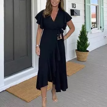 Женское летнее макси-платье с V-образным вырезом и коротким рукавом в виде листа лотоса, свободный сарафан, длинное пляжное платье с разрезом и поясом L небесно-голубой