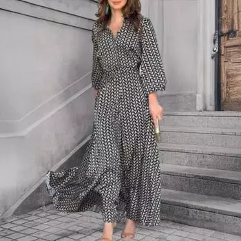 Женское летнее макси-платье с V-образным вырезом и длинным рукавом, струящееся платье А-силуэта, повседневный длинный пляжный сарафан для повседневных вечеринок в отпуске M чёрный