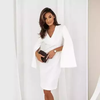 Женское летнее миди-платье с V-образным вырезом, длинным разрезом, рукавами-колокольчиками, однотонное, деловое, формальное, для вечеринки S абрикосовый