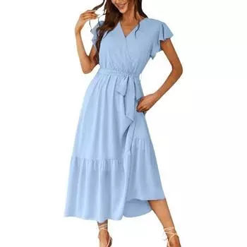 Женское летнее миди-платье с V-образным вырезом, оборками, рукавами-крылышками, летящее платье-запах, бохо, пляжное А-силуэта, расклешенное платье-сарафан S