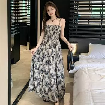 Женское летнее милое элегантное платье с цветочным принтом и высокой талией, праздничные длинные платья на подтяжках S серый