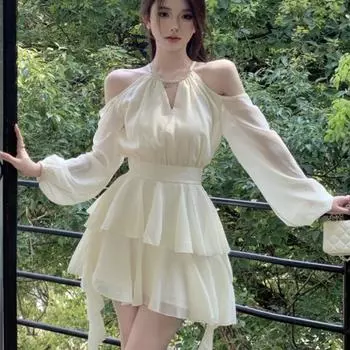 Женское летнее милое платье с открытыми плечами, элегантные вечерние платья с оборками и длинными рукавами S бежевый