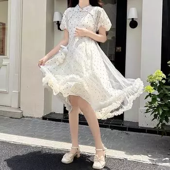 Женское летнее милое сетчатое кружевное платье, белые платья миди с пышными рукавами S
